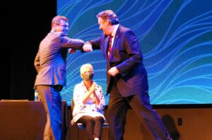 Ovide Lamontagne and Michael Delaney fist bump